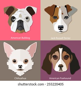 Set of flat dogs faces icons. Vector illustration.