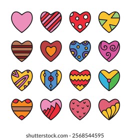 Set of Flat, doodle Love heart shape icon vector designs. Abstract romantic emoji symbol. Doodle wedding and valentine day hearts set. Pink love shape elements.