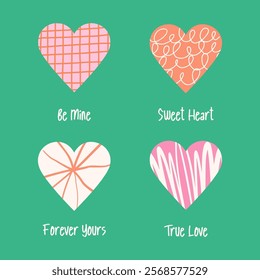 Set of Flat, doodle and sketch colorful heart shape icon designs. Abstract romantic emoji symbol. Hand drawn wedding and valentine day hearts set. love shape elements.