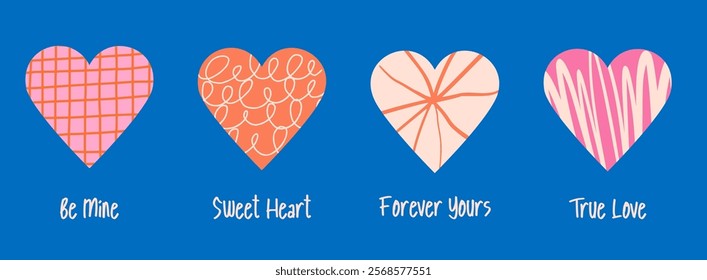 Set of Flat, doodle and sketch colorful heart shape icon designs. Abstract romantic emoji symbol. Hand drawn wedding and valentine day hearts set. love shape elements.