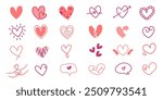 Set of Flat, doodle and sketch pink heart shape icon designs. Abstract romantic emoji symbol. Hand drawn wedding and valentine day hearts set. Pink love shape elements.