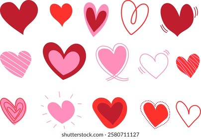 Set of Flat, doodle and sketch pink heart shape icon designs. Abstract romantic emoji symbol. Hand drawn wedding and valentine day hearts set.