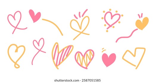 Set of flat, doodle and sketch red heart shape icon designs. Abstract romantic emoji symbol. Hand drawn wedding and valentine day hearts set. Pink and orange love elements.