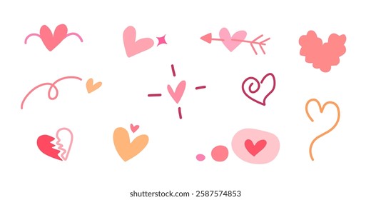 Set of flat, doodle and sketch red heart shape icon designs. Abstract romantic emoji symbol. Hand drawn wedding and valentine day hearts set. Pink love elements.