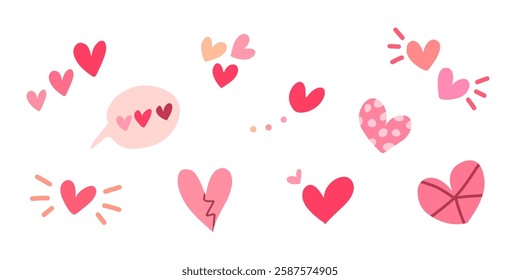 Set of flat, doodle and sketch red heart shape icon designs. Abstract romantic emoji symbol. Hand drawn wedding and valentine day hearts set. Pink love elements.