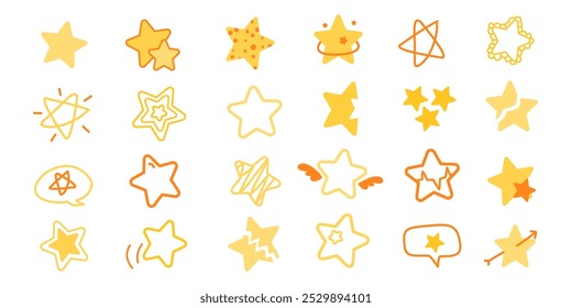 Set of Flat, doodle and sketch yellow star shape icon designs. Abstract cute emoji symbol. Hand drawn clip art for children book, school set. Yellow and orange stars shape elements kids collection.