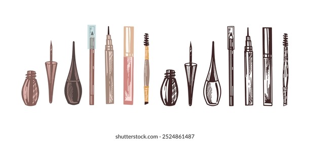 A set of flat and doodle style sketches of cosmetics, beauty, self-care elements. Illustration for beauty salon, cosmetic store, makeup design. Engraved image.	