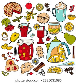 set flat drawings for winter warmth, sweets, warm drinks