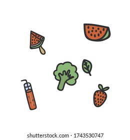 A set of flat drawn summer illustrations. Design elements for food, accessories, and beverages. Color cliparts for spending time in nature, the beach. Isolated Scandinavian summer cartoon elements