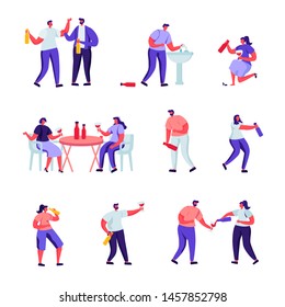 Set of Flat Drinkers and People Playing with Water Guns Characters. Cartoon Alcohol Addiction, Drunk Men and Women Lying on Ground, Puking. Vector Illustration.