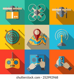 Set of flat drone icons - drone with box, drone top view, surveillance drone, navigation, map, controllers, tablet and smartphone apps. Vector