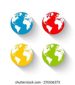 Set of flat Earth globe icons with long shadow effect on white background