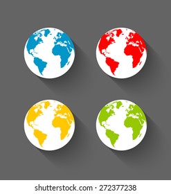 Set of flat Earth globe icons with long shadow effect on dark grey background