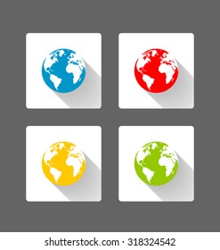 Set of flat Earth globe icons with long shadow effect on dark grey background