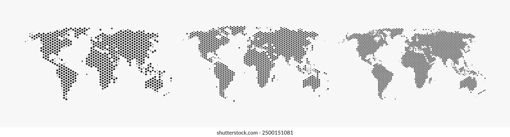 Set of flat earth world maps with hexagonal dots in different resolution. Round pixel pattern. Modern digital globe. Black dots on white background. Worldmap template for website, infographics, design