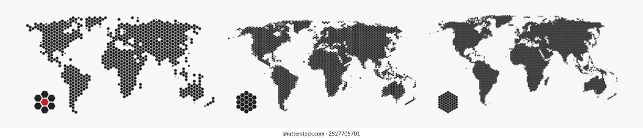 Set of flat earth world maps with hexagonal dots in different resolution. Round pixel pattern. Modern digital globe. Black dots on white background. Worldmap template for website, infographics, design