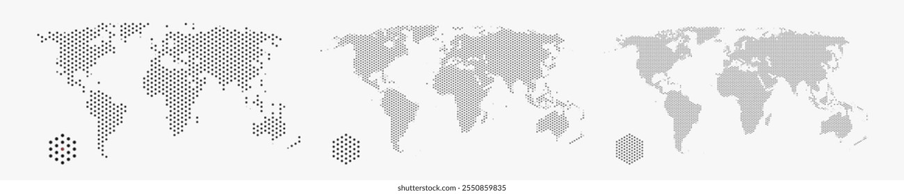 Set of flat earth world maps with hexagonal dots in different resolution. Round pixel pattern. Modern digital globe. Black dots on white background. Worldmap template for website, infographics, design