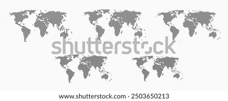 Set of flat earth world maps with hexagonal dots in different resolution. Round pixel pattern. Modern digital globe. Black dots on white background. Worldmap template for website, infographics, design