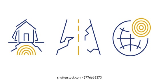 Set of flat earthquake icons, destroyed house, earthquake magnitude