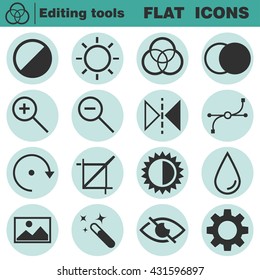 Set of flat editing icons. Contrast, brightness, hue, color, filter, curve, levels symbols. Vector illustration isolated on white background