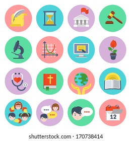 Set of flat educational icons of different subjects and concepts
