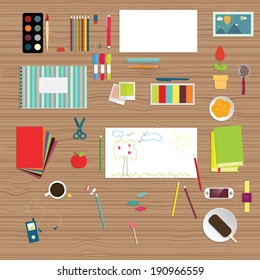 Set of flat educational objects. Background of school supplies