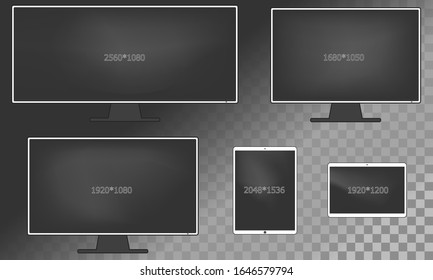 A set of flat electronic devices with different screen resolutions: computer monitors, tablets. Vector illustration of gadgets as a layout for responsive web design.