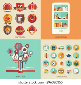 Set the flat elements and icons school , science , university, library , training. Vector illustration .