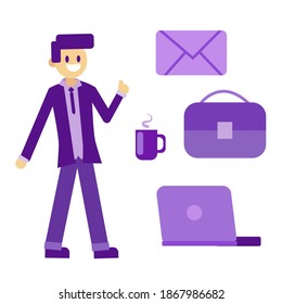 Conjunto de elementos planos: trabajador de oficina masculino, mensaje, taza, maletín, computadora. Oficina, artículos de negocios, equipo. Colección Workplace. Ilustración vectorial Eps aislada en fondo blanco.