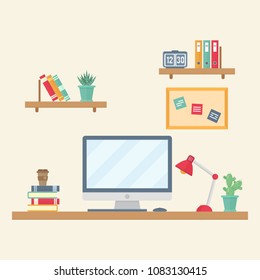 Set of flat elements for modern home office. Concept design illustration of workspace made in flat style