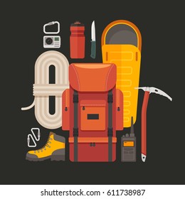Set flat elements on theme of travel, rest, adventure. Collection camping equipment: backpack, knife, boots, sleeping bag, rope and pickaxe mountaineer.  Preparing for the trip. 