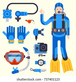 Set of flat elements for spearfishing diving underwater protective sea diver equipment vector professional hunter tools.