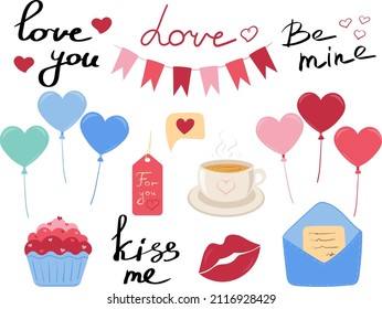 A set of flat elements for Valentine's Day: hearts, balloons, a lip print, a letter, a cupcake and a cup of drink. Vector image