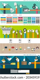 Set of flat elements for website page including icons, different types of pie charts and concept design illustrations.