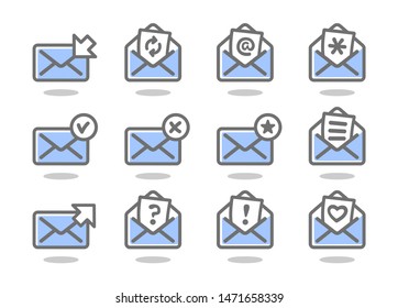 Set of flat email icons blue series. Vector illustration