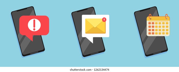 Set of flat email notification on smartphone. Sms icon or mail message reminder mailing on mobile phone or electronic newsletter. Concept of alert message mobile notification.