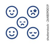 A set of flat emoji icons showing different emotional expressions like happy, sad, and tired faces. Perfect for mood tracking, mental health, UI, UX, and communication designs.