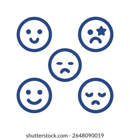 A set of flat emoji icons showing different emotional expressions like happy, sad, and tired faces. Perfect for mood tracking, mental health, UI, UX, and communication designs.