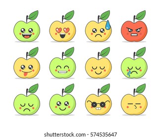 Set of flat emoticons: cute cartoon apple with different emotions.