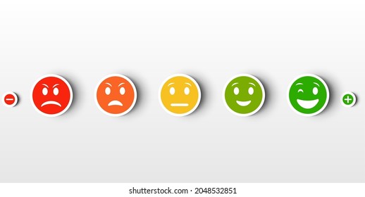 Set of flat emoticons with shadow feedback scale. angry, sad, neutral and happy feedback emoticon, red, orange, yellow and green icons, customer satisfaction meter