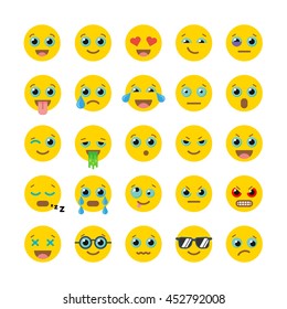 Set of flat Emoticons. Vector illustration. White background, yellow color