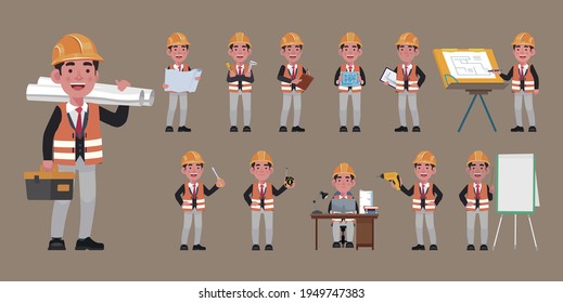 Set of flat engineer with different poses