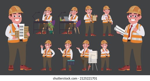 Set of flat engineer with different poses