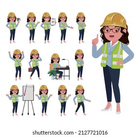 Set of flat engineer with different poses