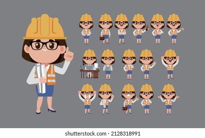 Set of flat engineer with different poses