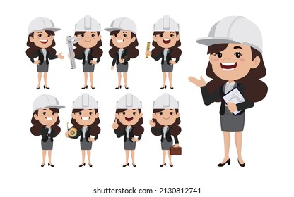Set of flat engineer with different poses