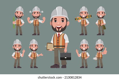 Set of flat engineer with different poses