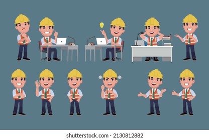 Set of flat engineer with different poses