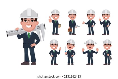Set of flat engineer with different poses
