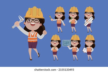 Set of flat engineer with different poses